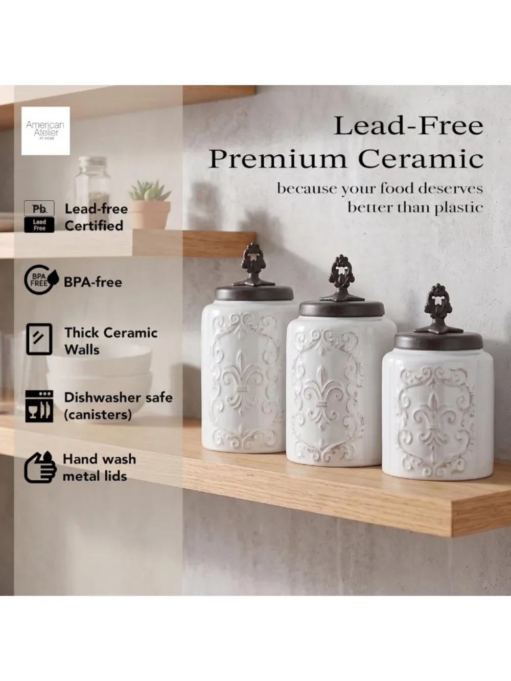 Elegant 3-Piece White Ceramic Canister Set with Airtight Stainless Steel Lids